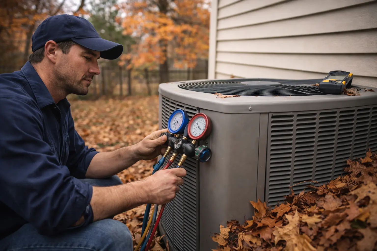 HVAC technician performing fall maintenance on an outdoor unit